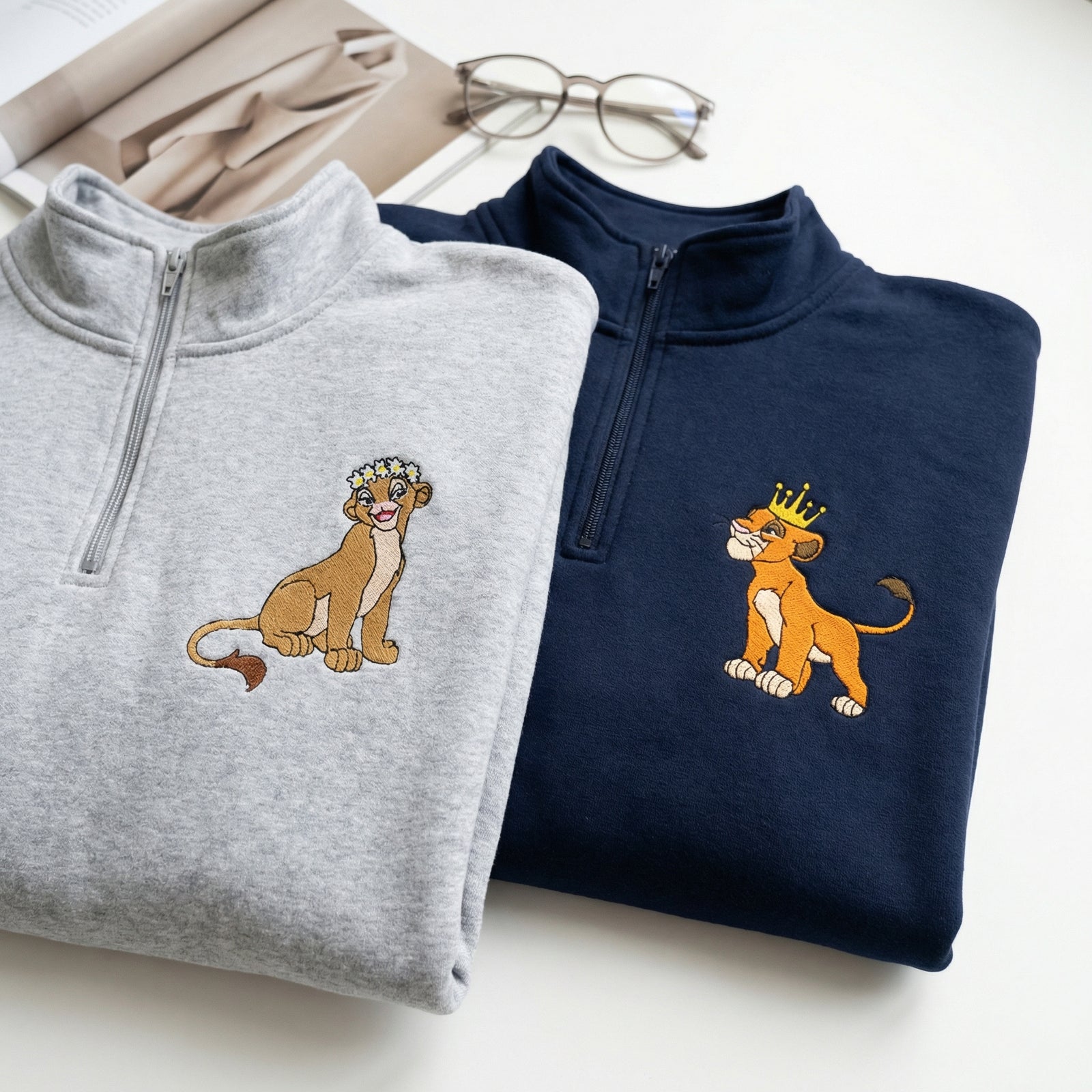 Custom Embroidered Quarter Zip Sweatshirts for Couples - Cute Lion King & Queen Matching Full-Zip Hoodie