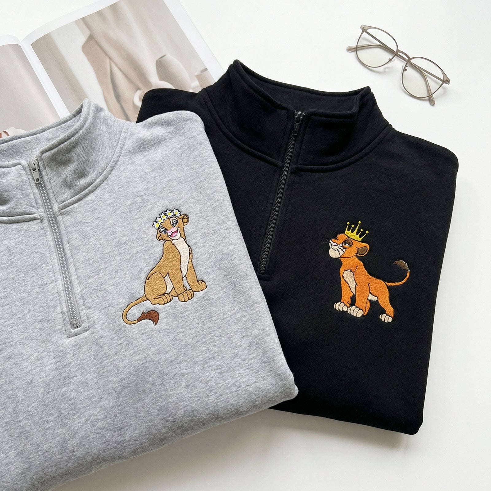 Custom Embroidered Quarter Zip Sweatshirts for Couples - Cute Lion King & Queen Matching Full-Zip Hoodie