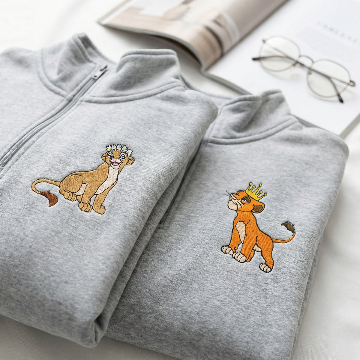 Custom Embroidered Quarter Zip Sweatshirts for Couples - Cute Lion King & Queen Matching Full-Zip Hoodie