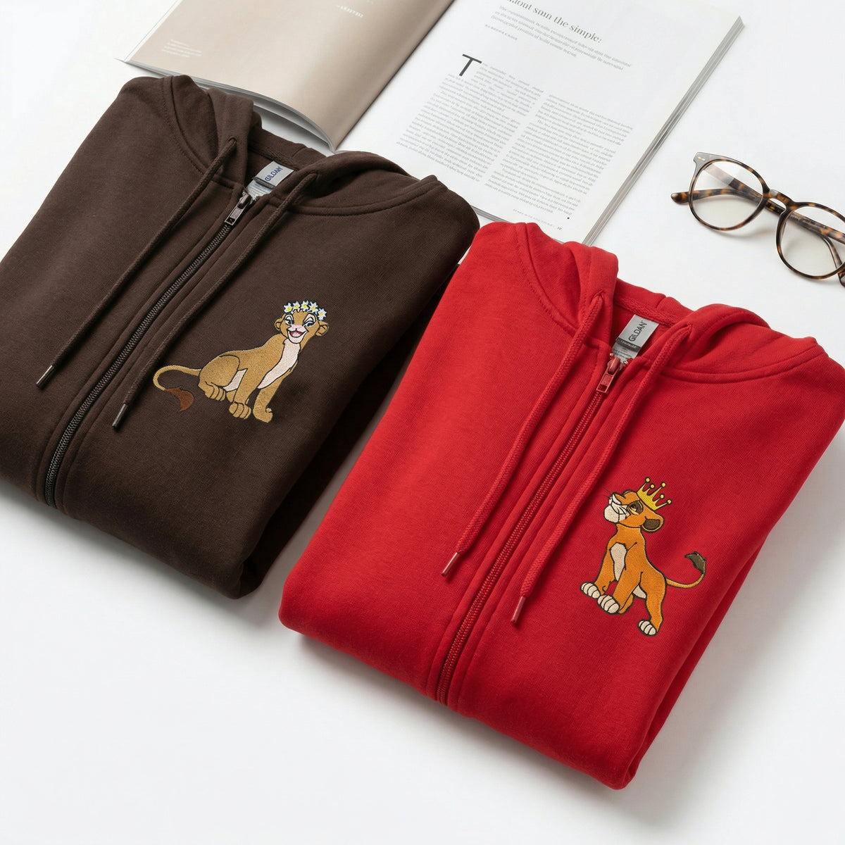 Custom Embroidered Quarter Zip Sweatshirts for Couples - Cute Lion King &amp; Queen Matching Full-Zip Hoodie