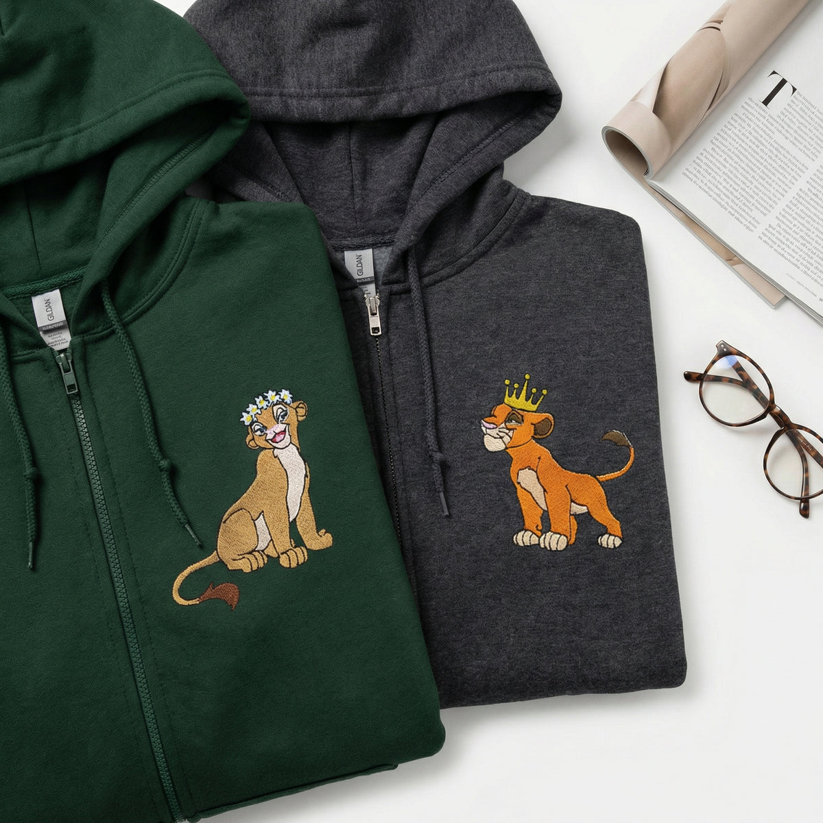Custom Embroidered Quarter Zip Sweatshirts for Couples - Cute Lion King & Queen Matching Full-Zip Hoodie