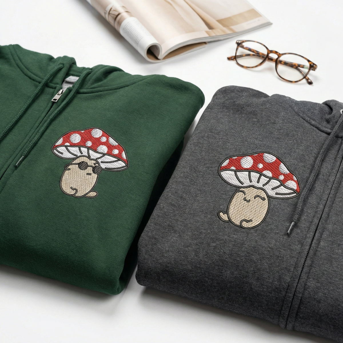 Custom Embroidered Quarter Zip Sweatshirts for Couples - Cute Mushroom Cartoon Matching Full-Zip Hoodie