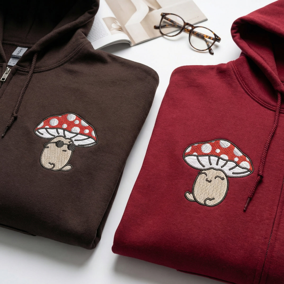 Custom Embroidered Quarter Zip Sweatshirts for Couples - Cute Mushroom Cartoon Matching Full-Zip Hoodie