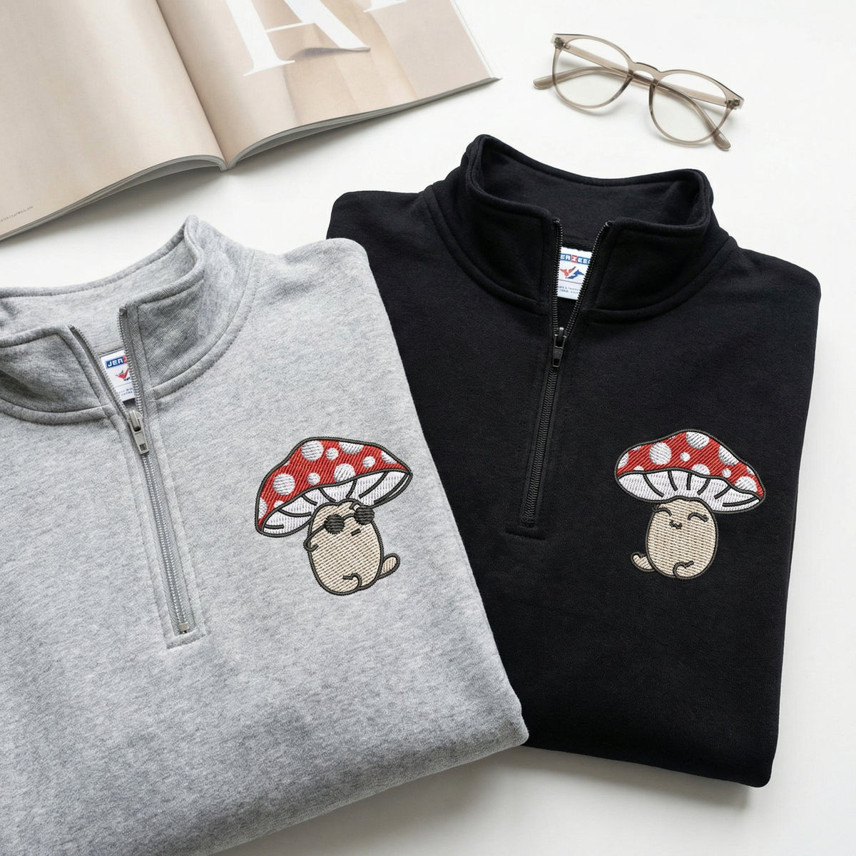 Custom Embroidered Quarter Zip Sweatshirts for Couples - Cute Mushroom Cartoon Matching Full-Zip Hoodie