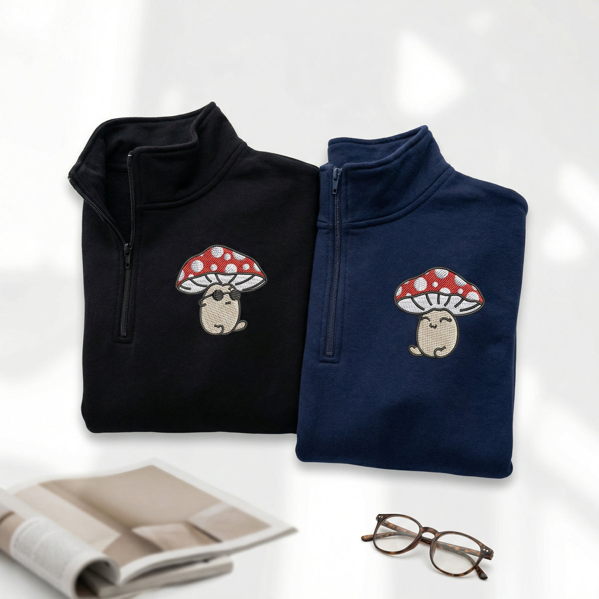 Custom Embroidered Quarter Zip Sweatshirts for Couples - Cute Mushroom Cartoon Matching Full-Zip Hoodie