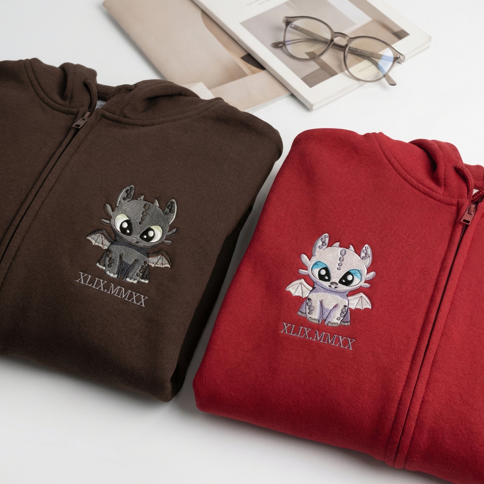 Custom Embroidered Quarter Zip Sweatshirts for Couples - Dragon Lovely Characters Roman Numeral Matching Full-Zip Hoodie