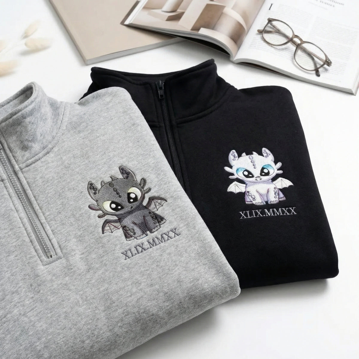 Custom Embroidered Quarter Zip Sweatshirts for Couples - Dragon Lovely Characters Roman Numeral Matching Full-Zip Hoodie