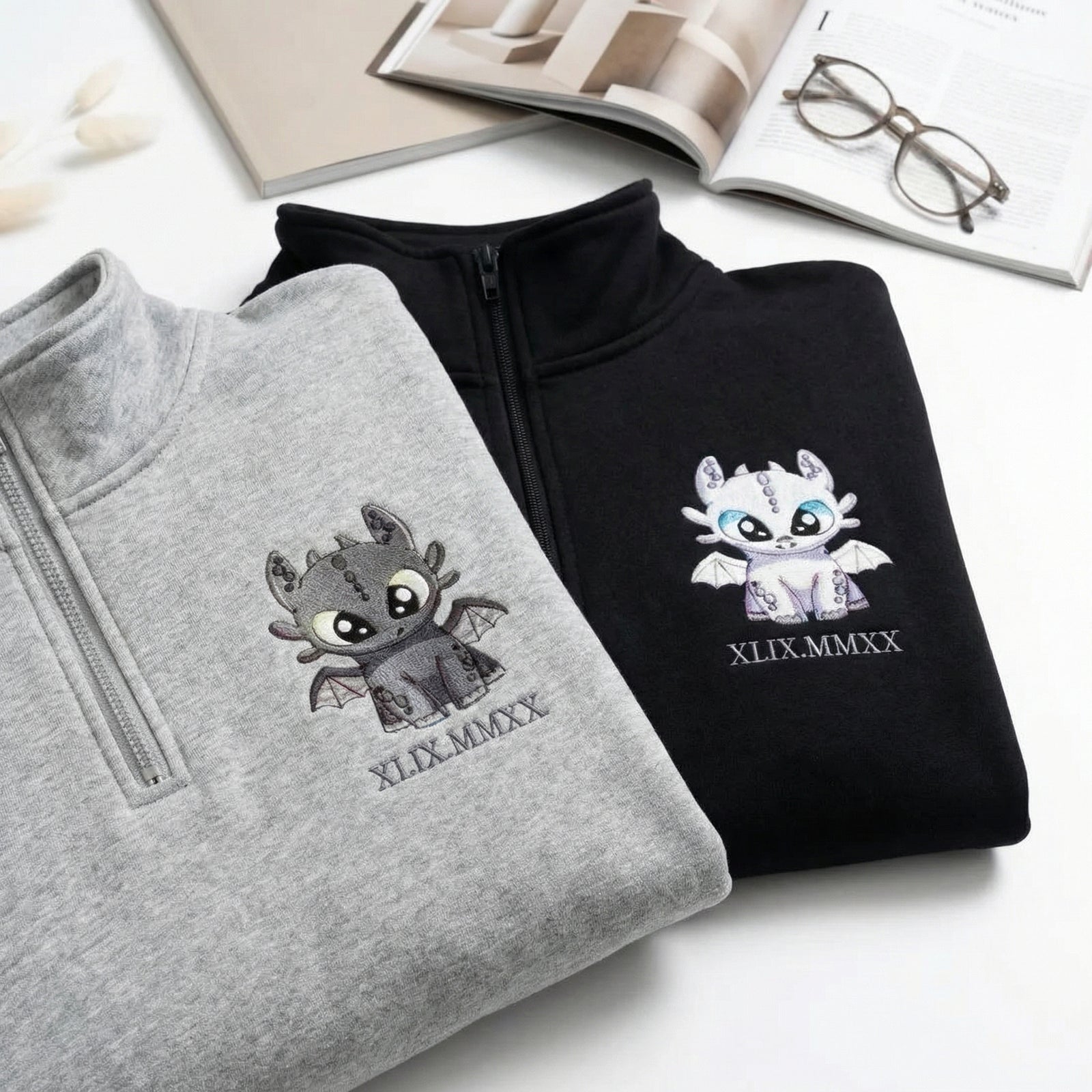 Custom Embroidered Quarter Zip Sweatshirts for Couples - Dragon Lovely Characters Roman Numeral Matching Full-Zip Hoodie