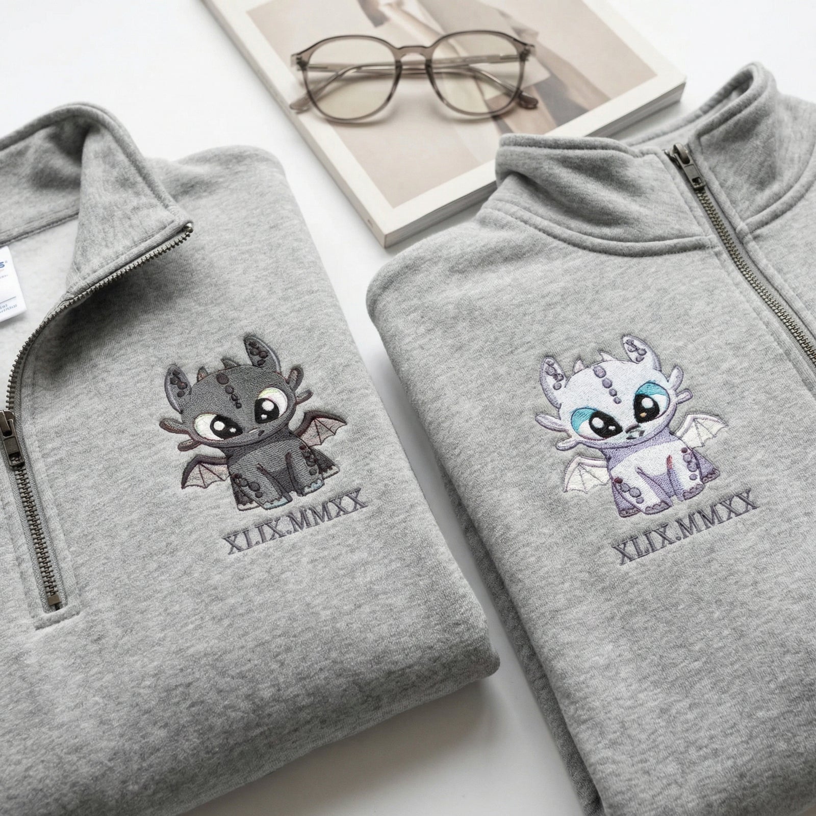 Custom Embroidered Quarter Zip Sweatshirts for Couples - Dragon Lovely Characters Roman Numeral Matching Full-Zip Hoodie