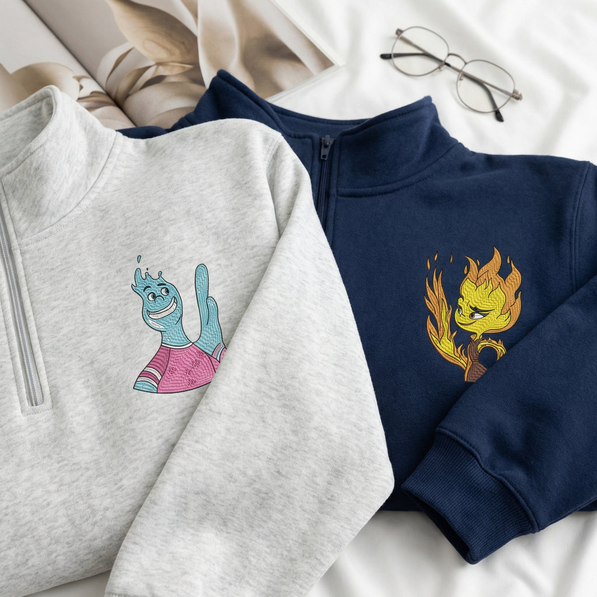 Custom Embroidered Quarter Zip Sweatshirts for Couples - Fire & Water His & Her Matching Full-Zip Hoodie