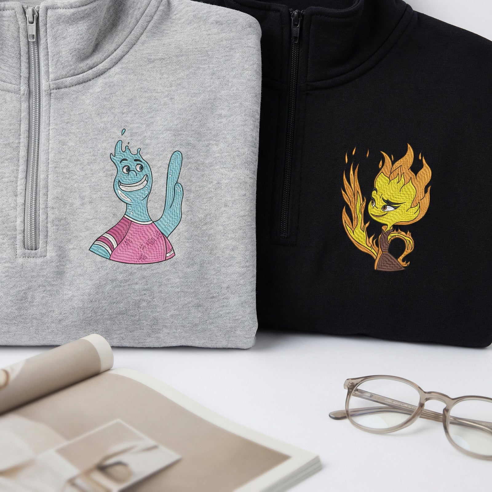 Custom Embroidered Quarter Zip Sweatshirts for Couples - Fire & Water His & Her Matching Full-Zip Hoodie