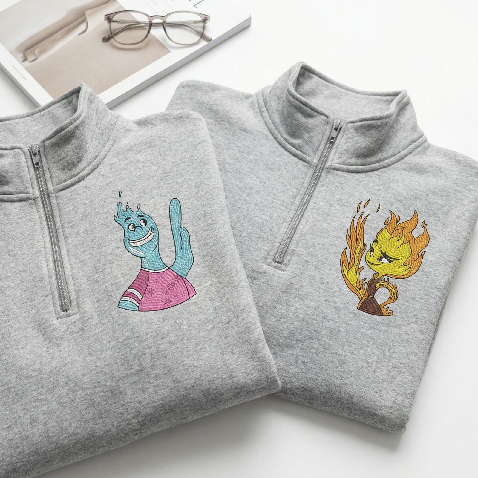 Custom Embroidered Quarter Zip Sweatshirts for Couples - Fire & Water His & Her Matching Full-Zip Hoodie