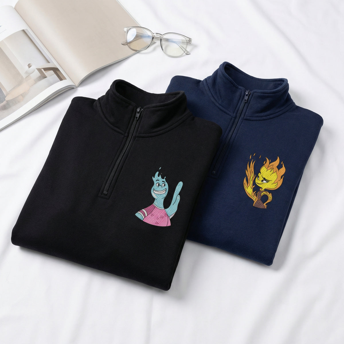 Custom Embroidered Quarter Zip Sweatshirts for Couples - Fire &amp; Water His &amp; Her Matching Full-Zip Hoodie