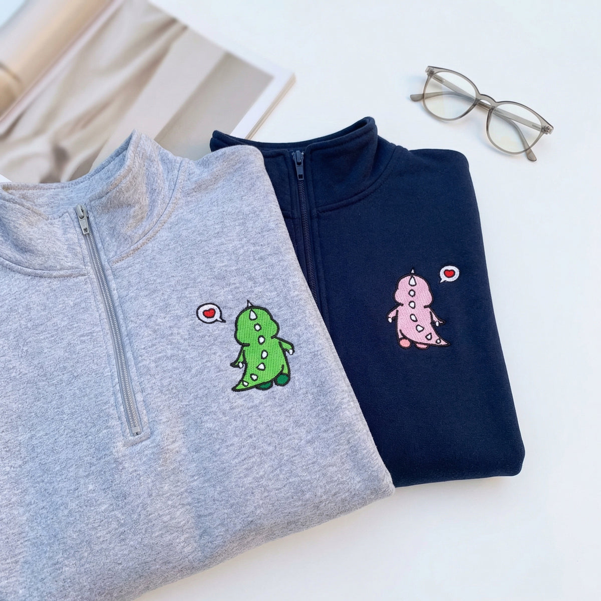 Custom Embroidered Quarter Zip Sweatshirts for Couples - Funny Cartoon Dinosaur Anniversary Date Matching Full-Zip Hoodie