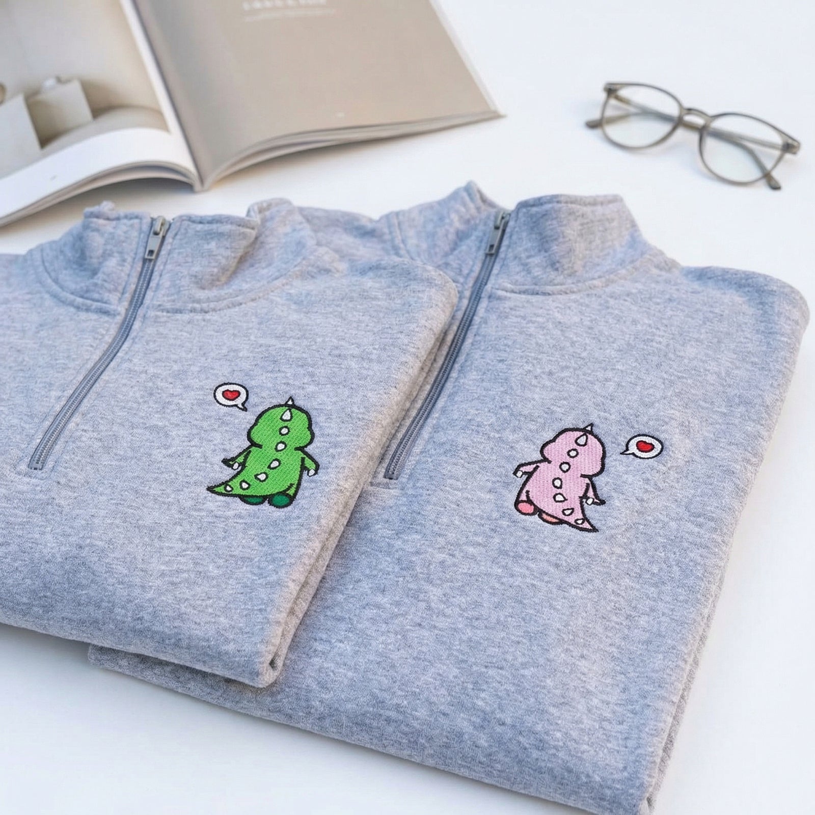 Custom Embroidered Quarter Zip Sweatshirts for Couples - Funny Cartoon Dinosaur Anniversary Date Matching Full-Zip Hoodie