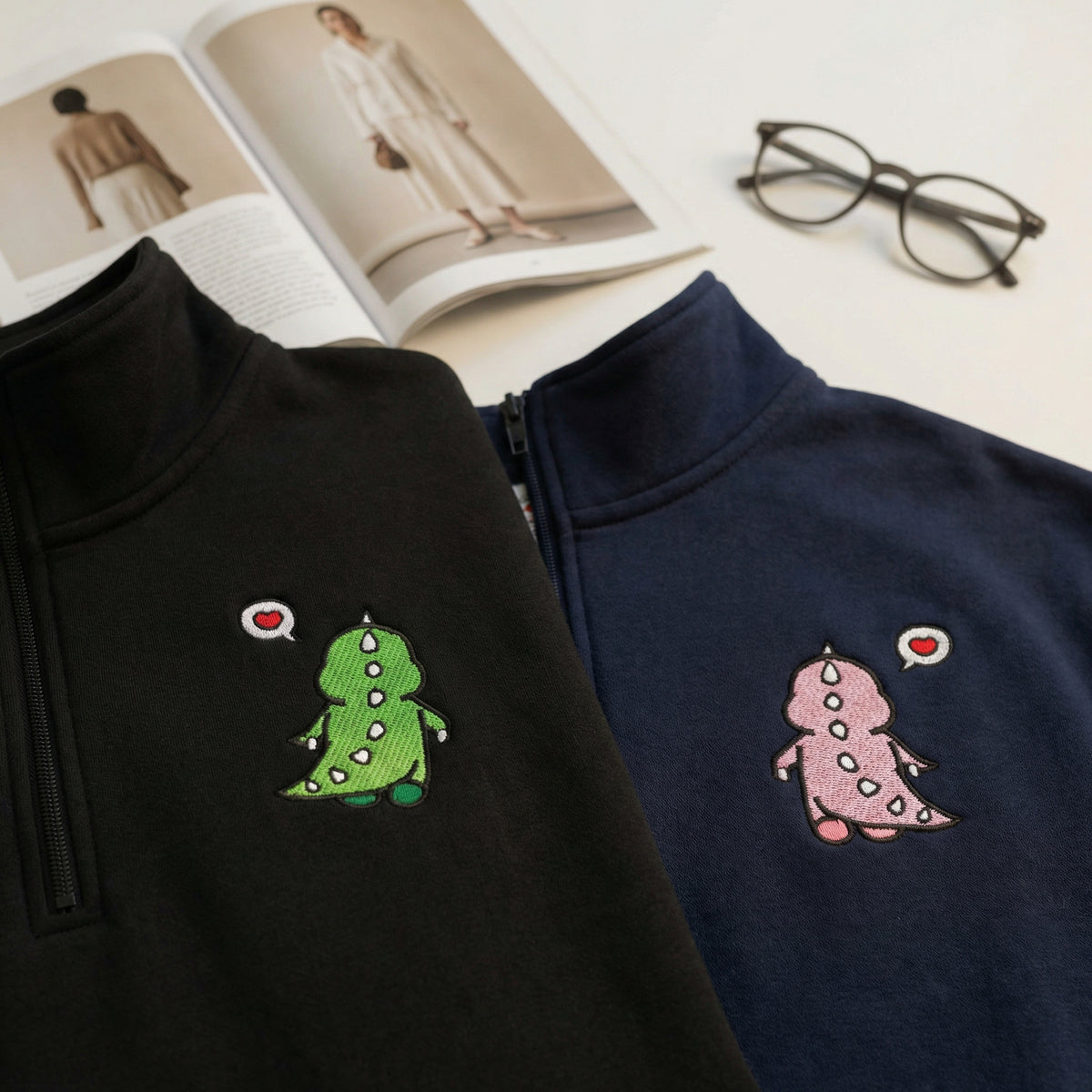 Custom Embroidered Quarter Zip Sweatshirts for Couples - Funny Cartoon Dinosaur Anniversary Date Matching Full-Zip Hoodie