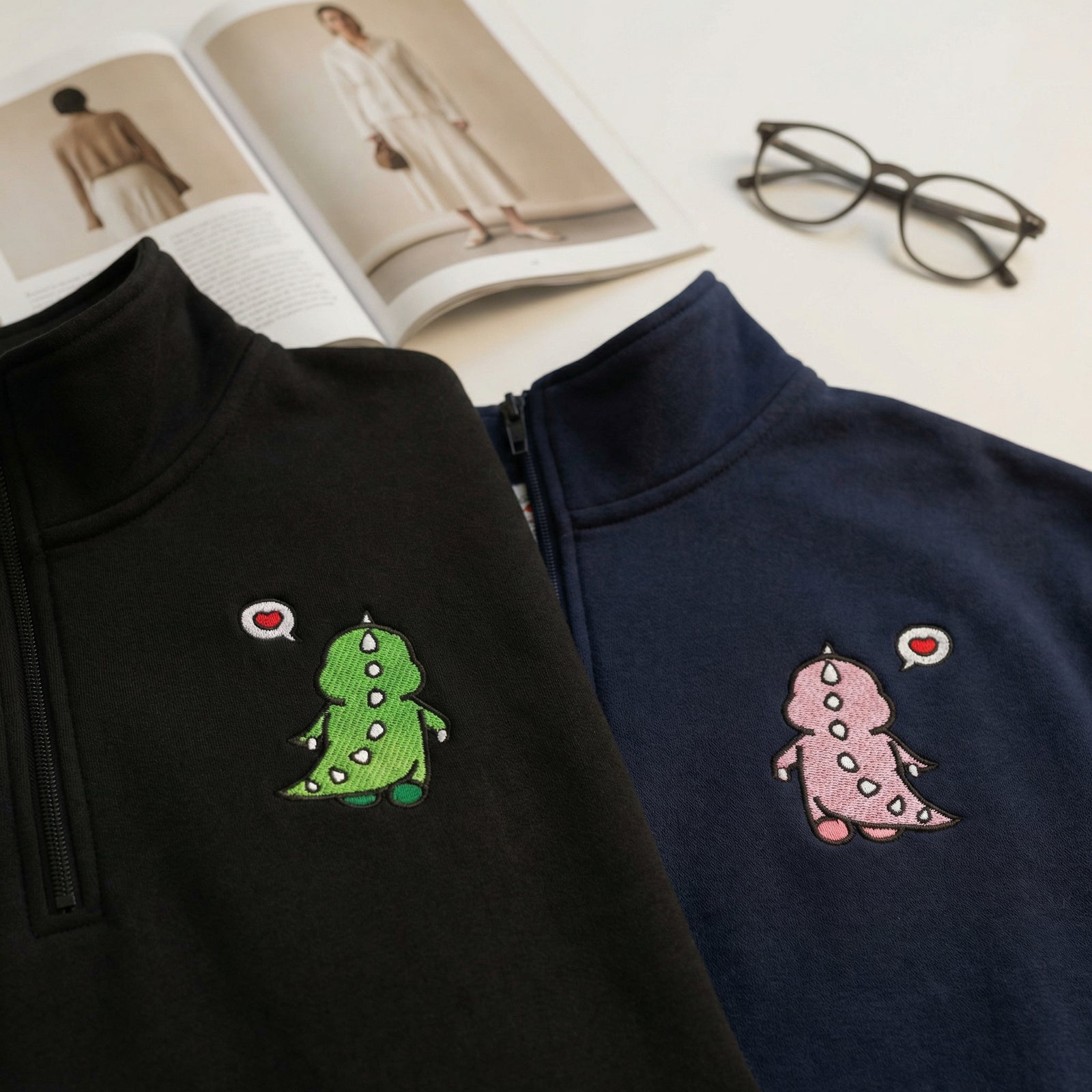 Custom Embroidered Quarter Zip Sweatshirts for Couples - Funny Cartoon Dinosaur Anniversary Date Matching Full-Zip Hoodie