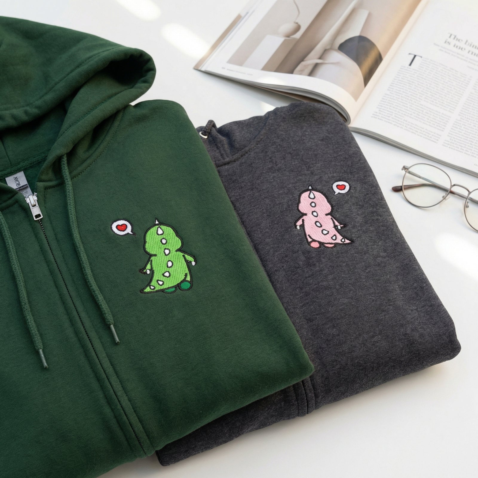 Custom Embroidered Quarter Zip Sweatshirts for Couples - Funny Cartoon Dinosaur Anniversary Date Matching Full-Zip Hoodie