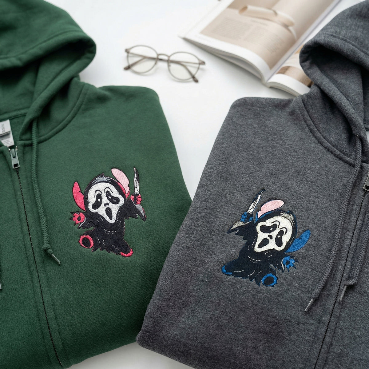 Custom Embroidered Quarter Zip Sweatshirts for Couples - Ghostface Cartoon Halloween Matching Full-Zip Hoodie