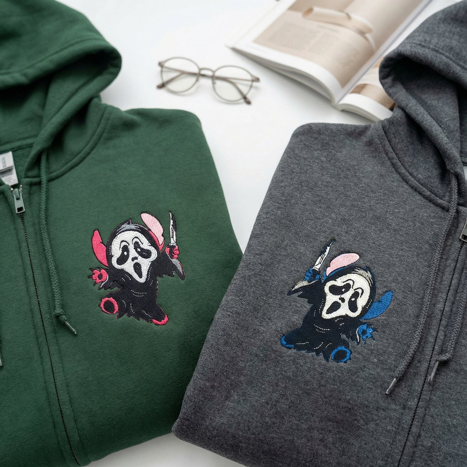 Custom Embroidered Quarter Zip Sweatshirts for Couples - Ghostface Cartoon Halloween Matching Full-Zip Hoodie