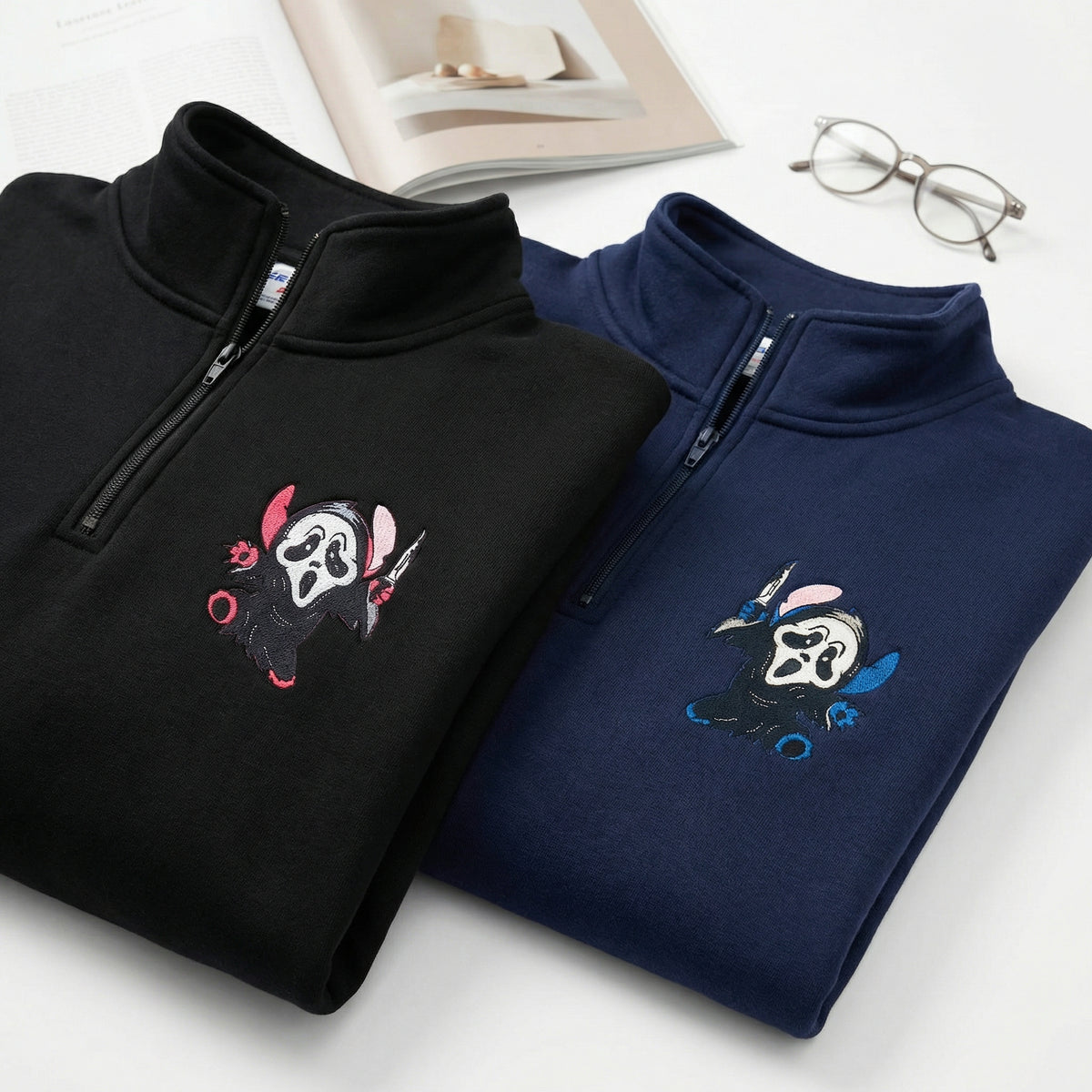 Custom Embroidered Quarter Zip Sweatshirts for Couples - Ghostface Cartoon Halloween Matching Full-Zip Hoodie