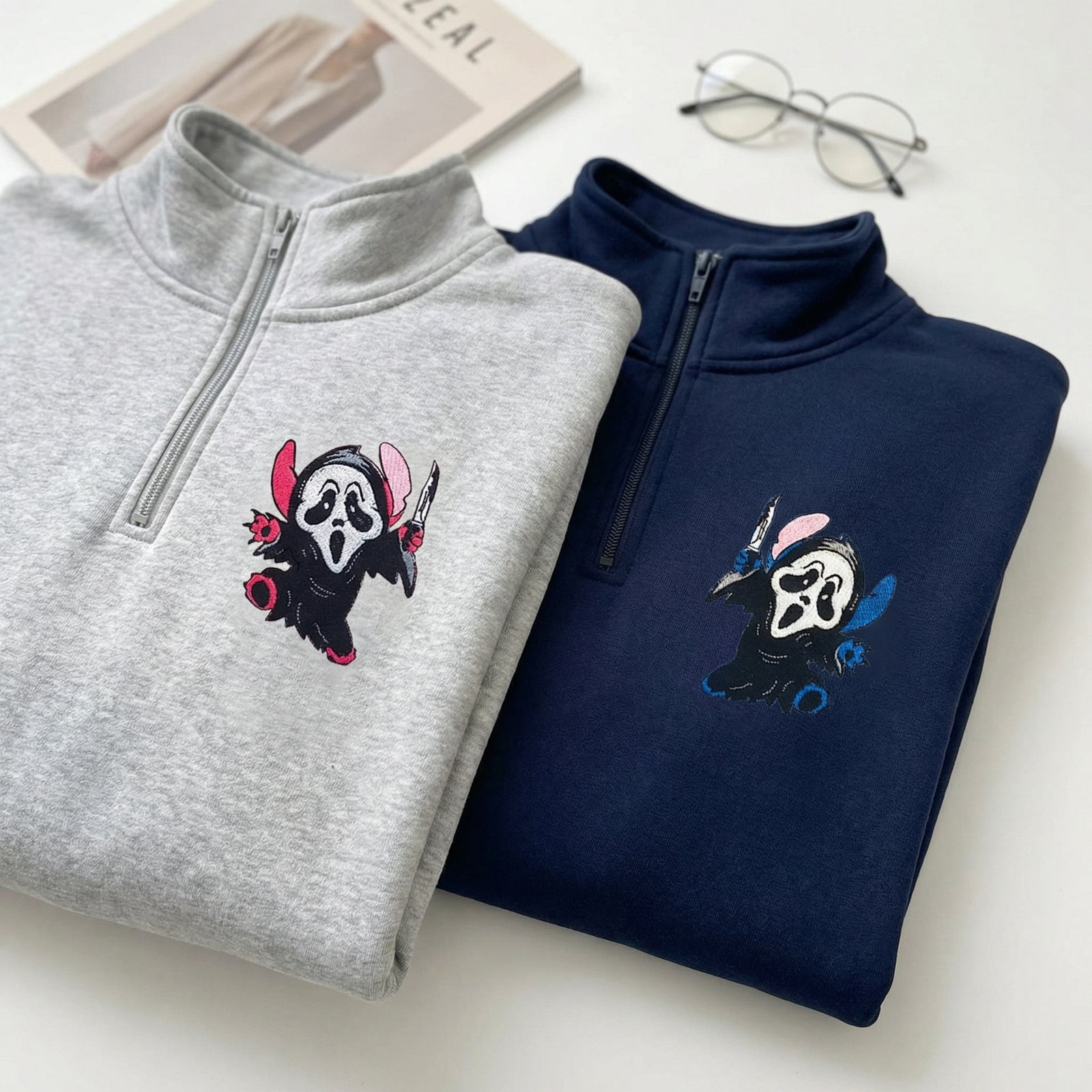 Custom Embroidered Quarter Zip Sweatshirts for Couples - Ghostface Cartoon Halloween Matching Full-Zip Hoodie