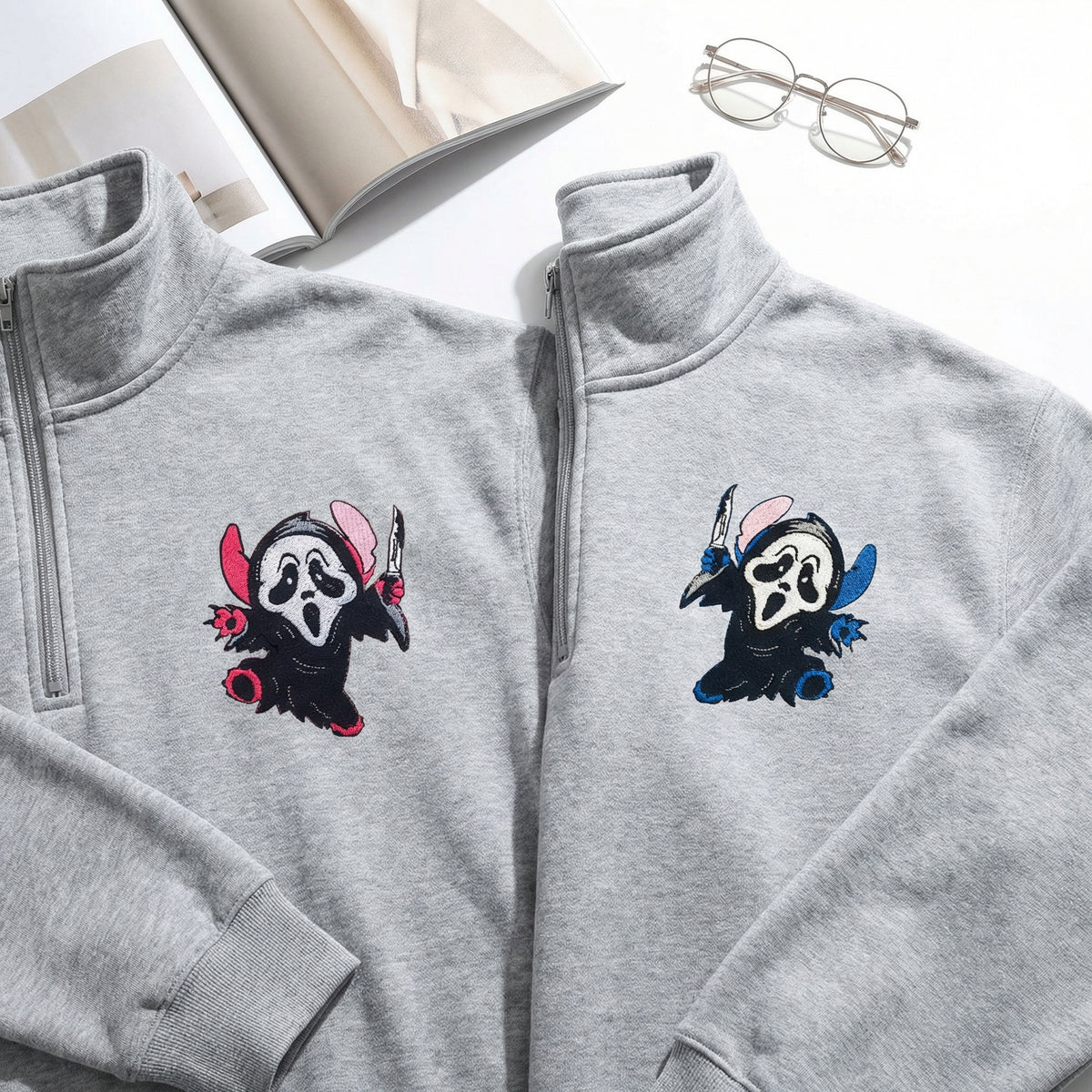 Custom Embroidered Quarter Zip Sweatshirts for Couples - Ghostface Cartoon Halloween Matching Full-Zip Hoodie
