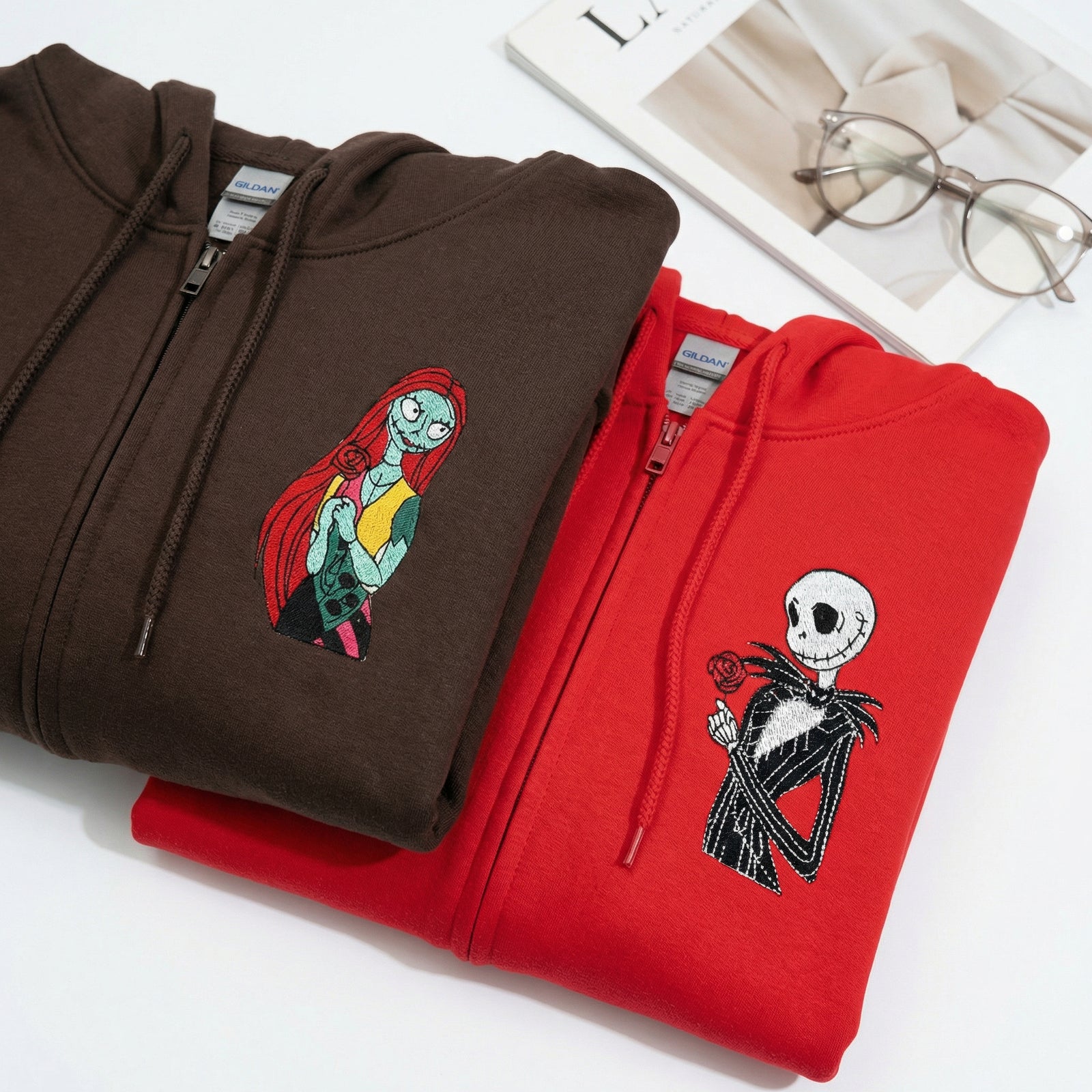 Custom Embroidered Quarter Zip Sweatshirts for Couples - Gothic Skeleton Halloween Matching Full-Zip Hoodie