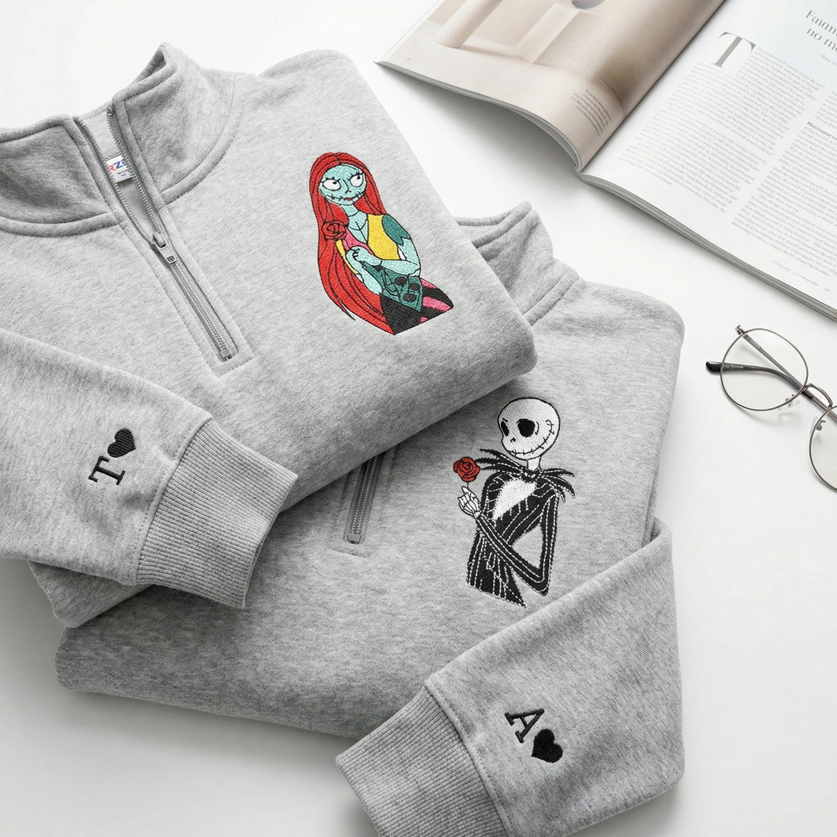 Custom Embroidered Quarter Zip Sweatshirts for Couples - Gothic Skeleton Halloween Matching Full-Zip Hoodie