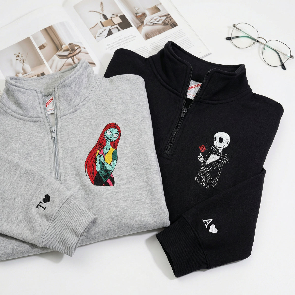 Custom Embroidered Quarter Zip Sweatshirts for Couples - Gothic Skeleton Halloween Matching Full-Zip Hoodie