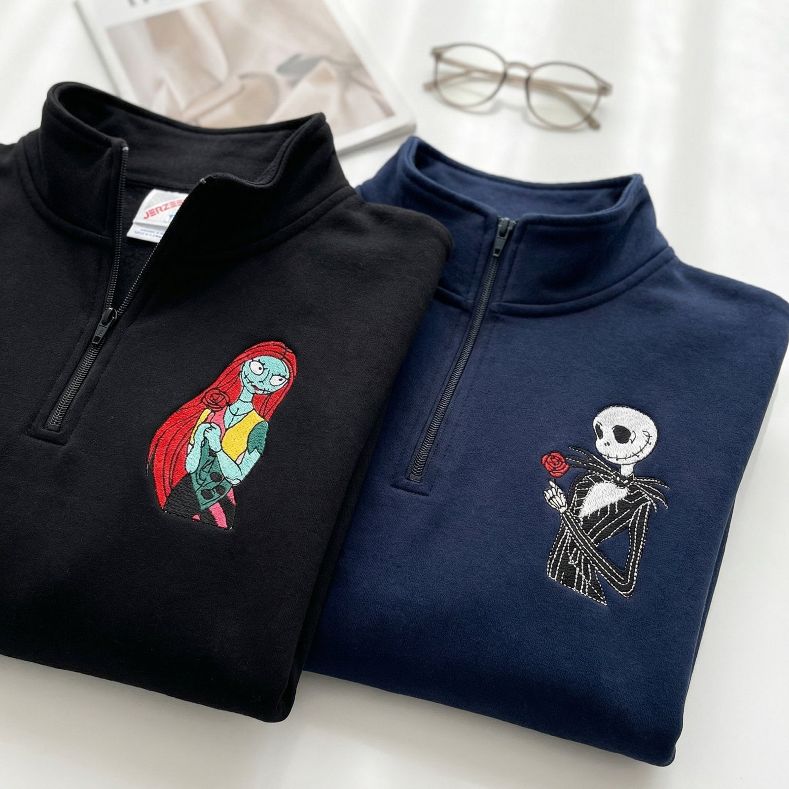 Custom Embroidered Quarter Zip Sweatshirts for Couples - Gothic Skeleton Halloween Matching Full-Zip Hoodie