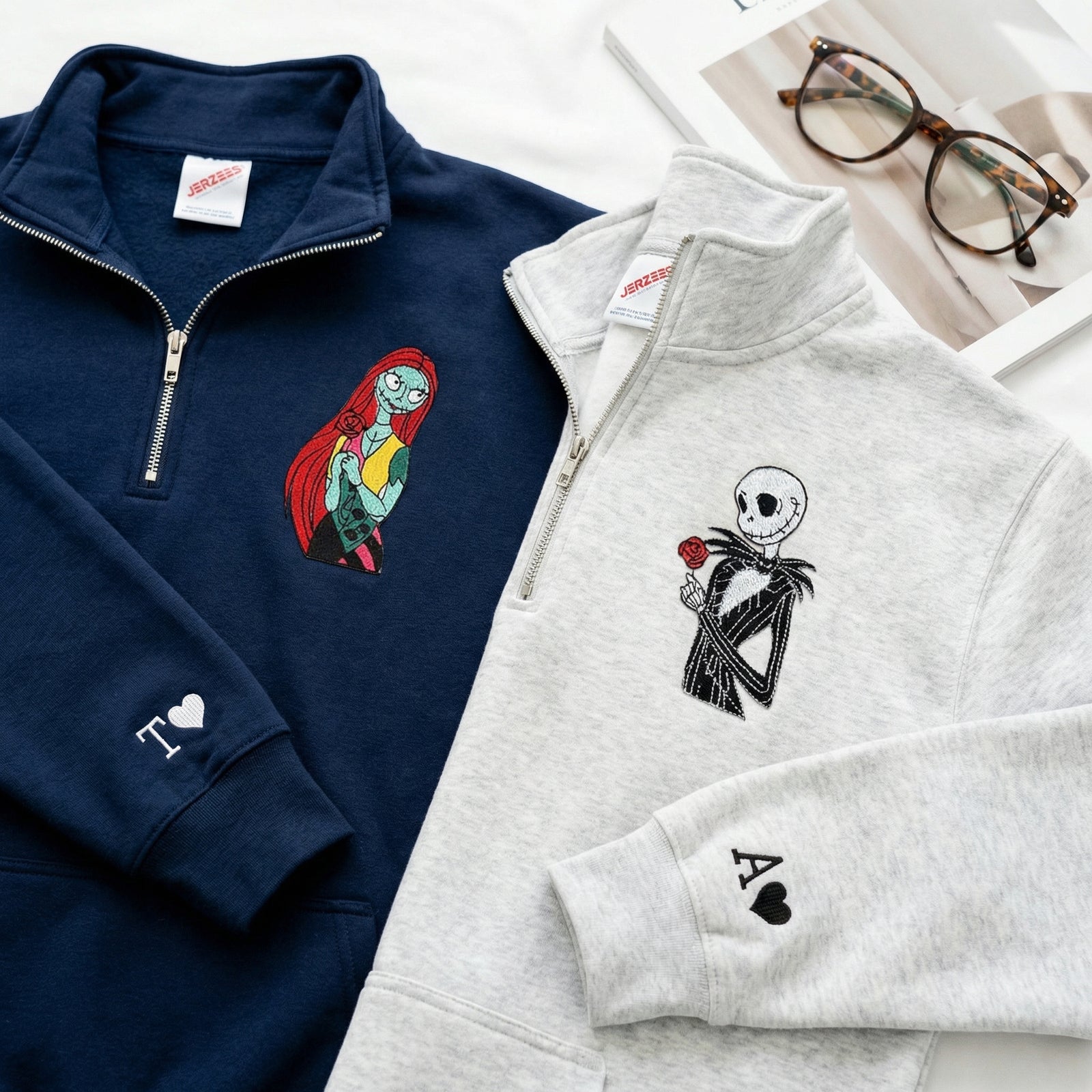 Custom Embroidered Quarter Zip Sweatshirts for Couples - Gothic Skeleton Halloween Matching Full-Zip Hoodie