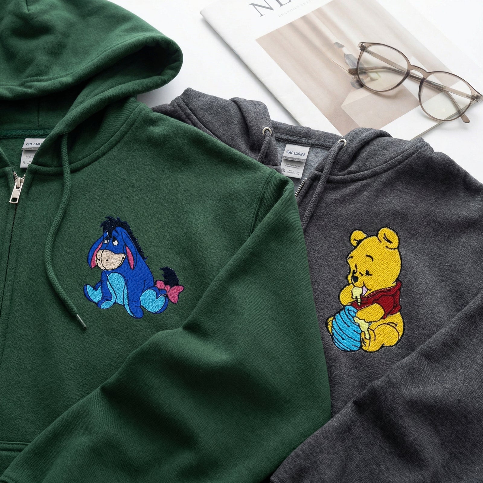 Custom Embroidered Quarter Zip Sweatshirts for Couples - Lovely Bear Matching Full-Zip Hoodie
