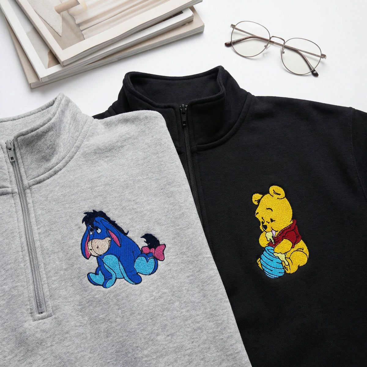 Custom Embroidered Quarter Zip Sweatshirts for Couples - Lovely Bear Matching Full-Zip Hoodie