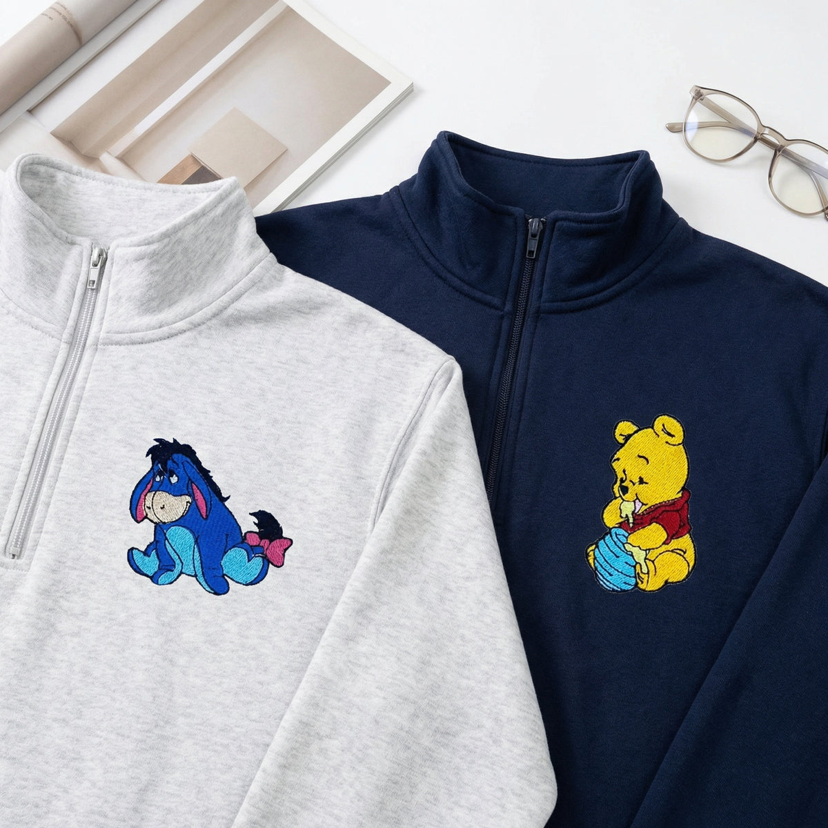 Custom Embroidered Quarter Zip Sweatshirts for Couples - Lovely Bear Matching Full-Zip Hoodie