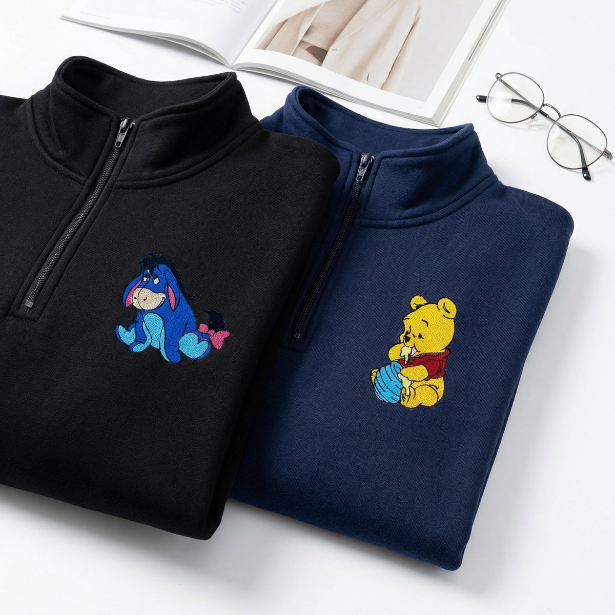 Custom Embroidered Quarter Zip Sweatshirts for Couples - Lovely Bear Matching Full-Zip Hoodie