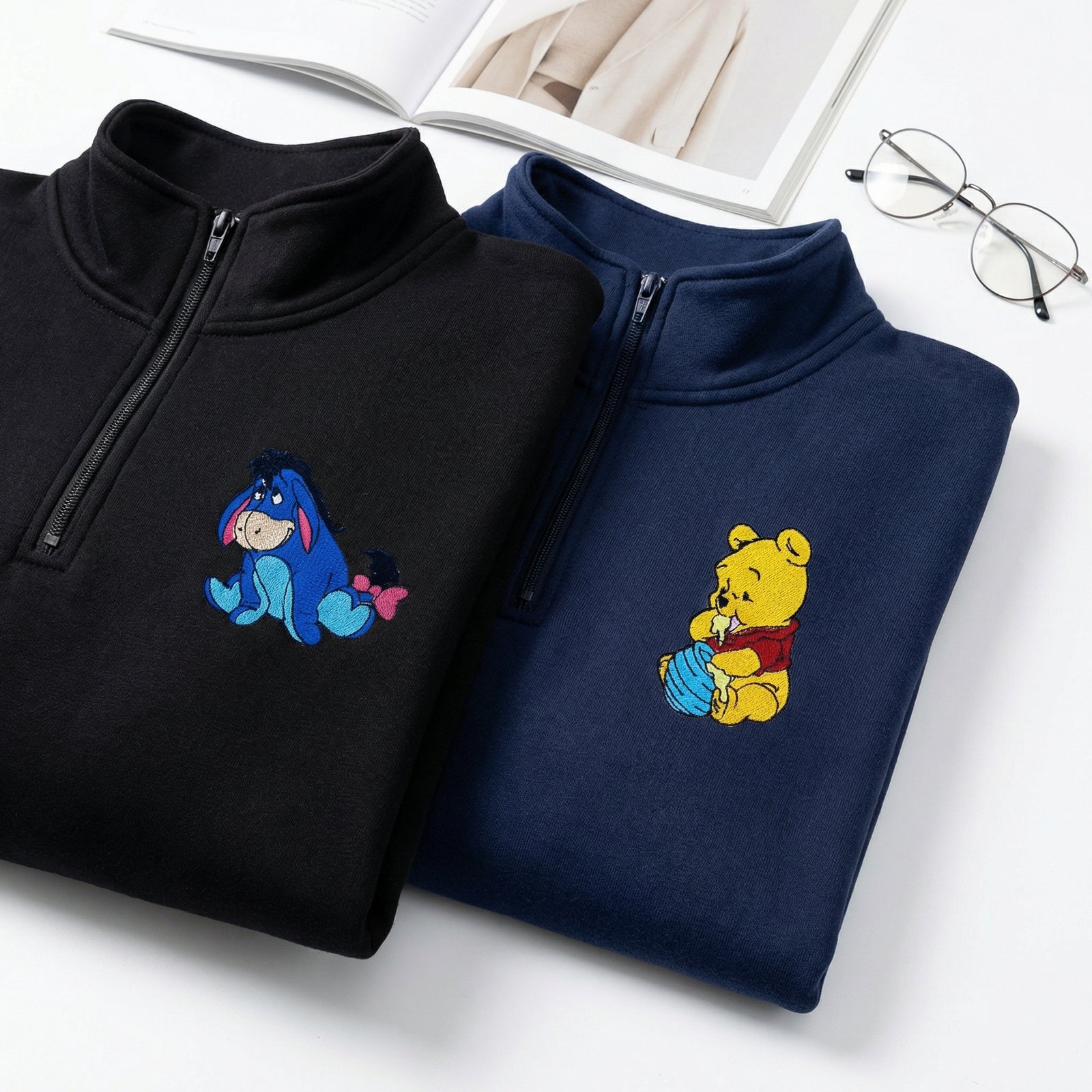 Custom Embroidered Quarter Zip Sweatshirts for Couples - Lovely Bear Matching Full-Zip Hoodie