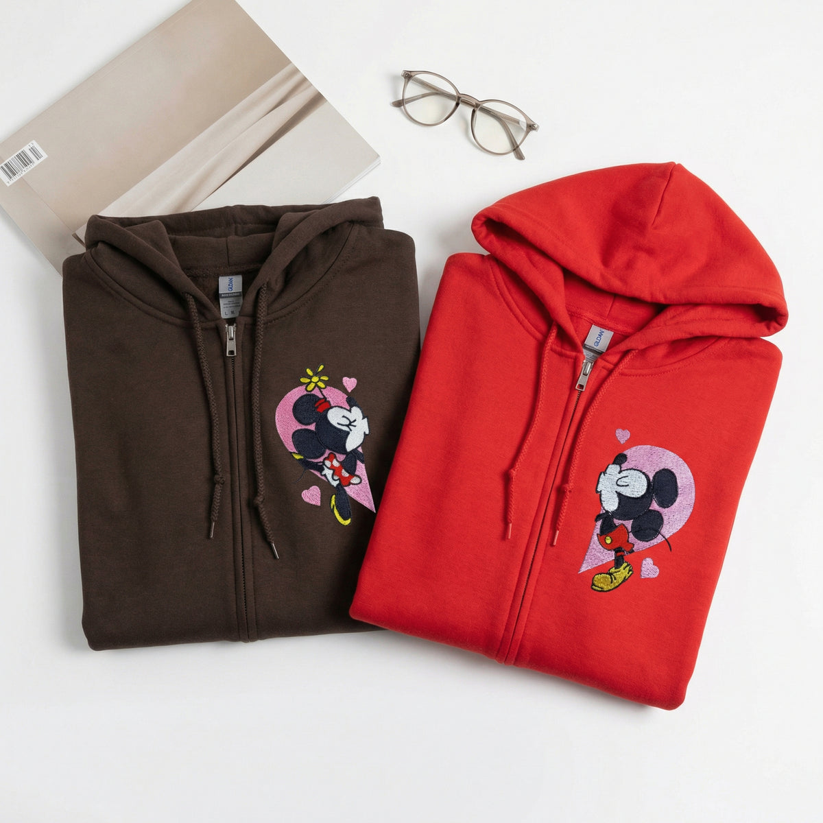 Custom Embroidered Quarter Zip Sweatshirts for Couples - Mouse Heart Love Matching Full-Zip Hoodie