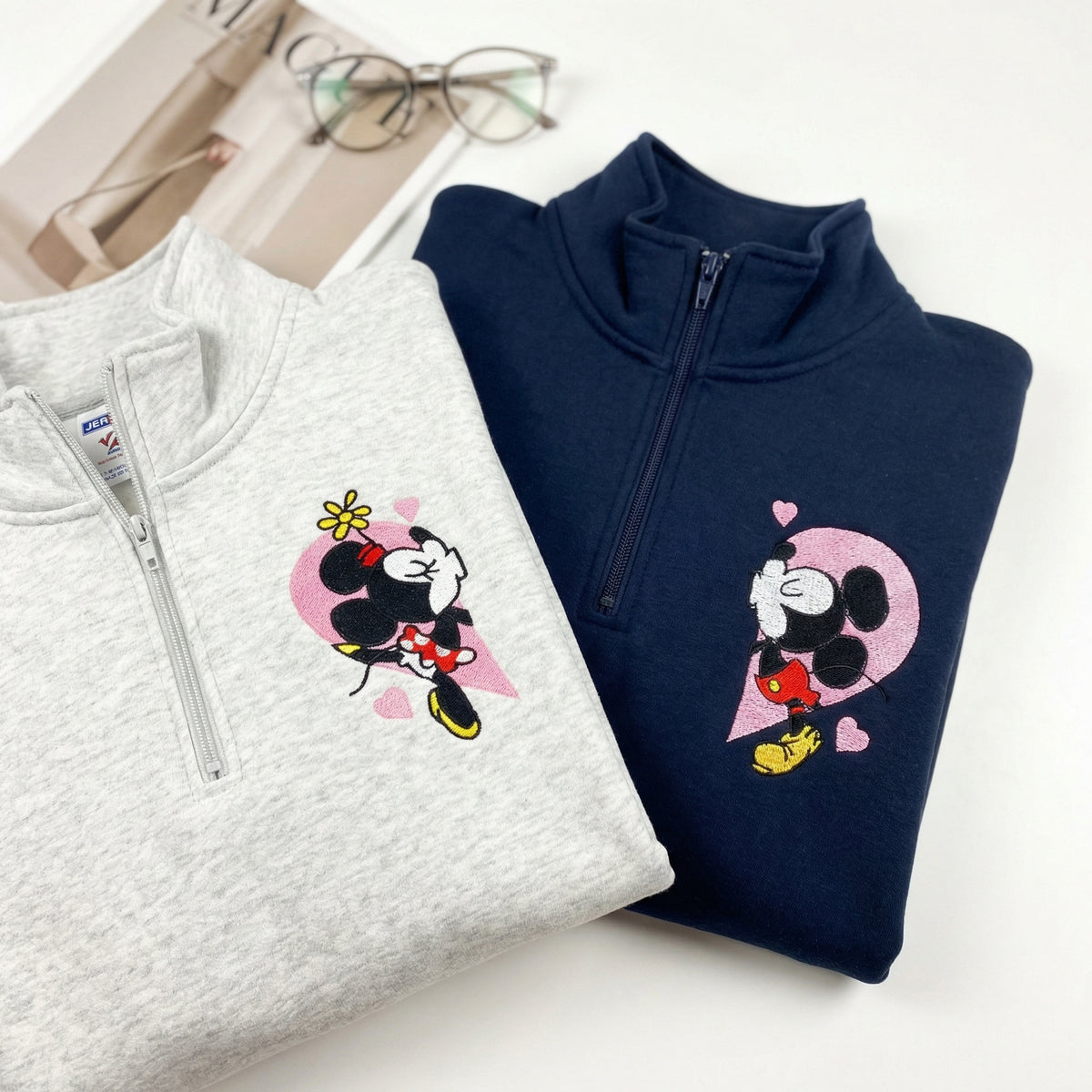 Custom Embroidered Quarter Zip Sweatshirts for Couples - Mouse Heart Love Matching Full-Zip Hoodie