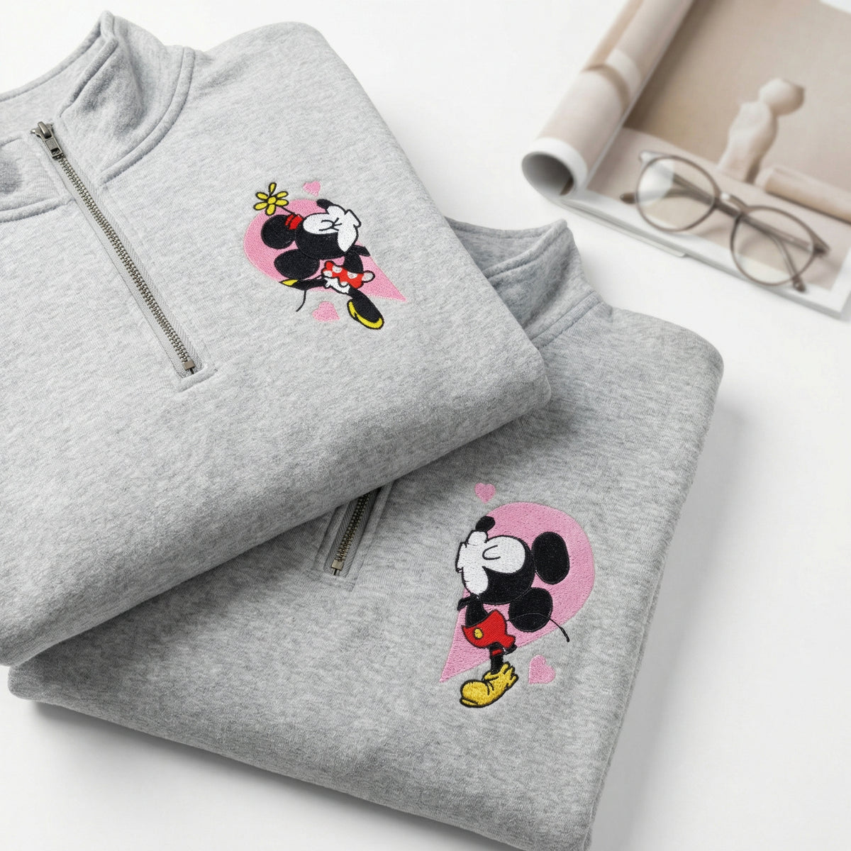 Custom Embroidered Quarter Zip Sweatshirts for Couples - Mouse Heart Love Matching Full-Zip Hoodie
