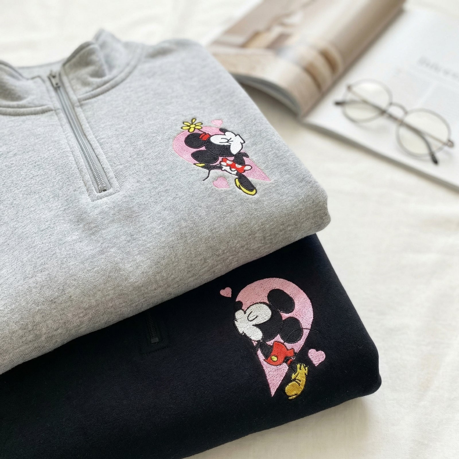 Custom Embroidered Quarter Zip Sweatshirts for Couples - Mouse Heart Love Matching Full-Zip Hoodie