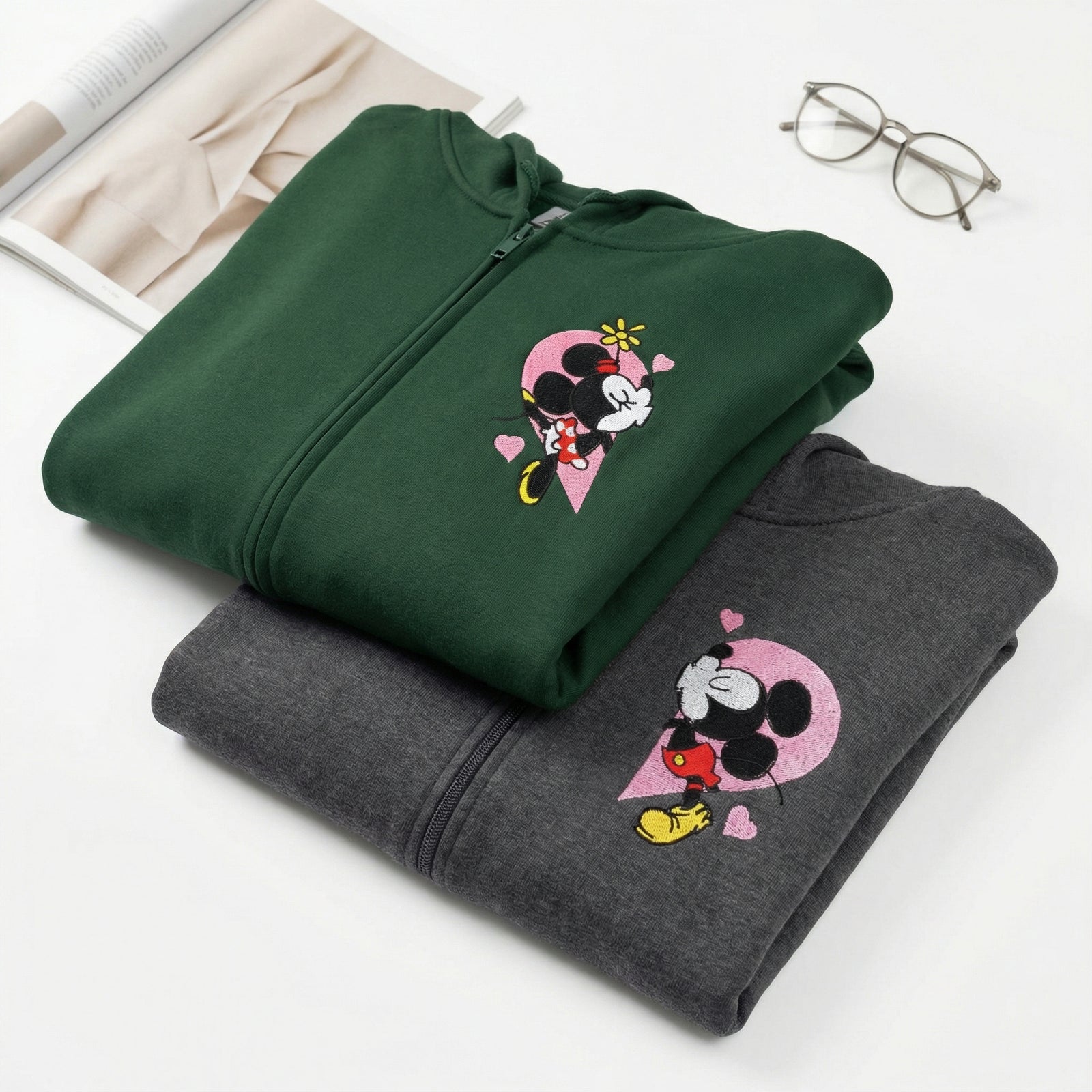 Custom Embroidered Quarter Zip Sweatshirts for Couples - Mouse Heart Love Matching Full-Zip Hoodie