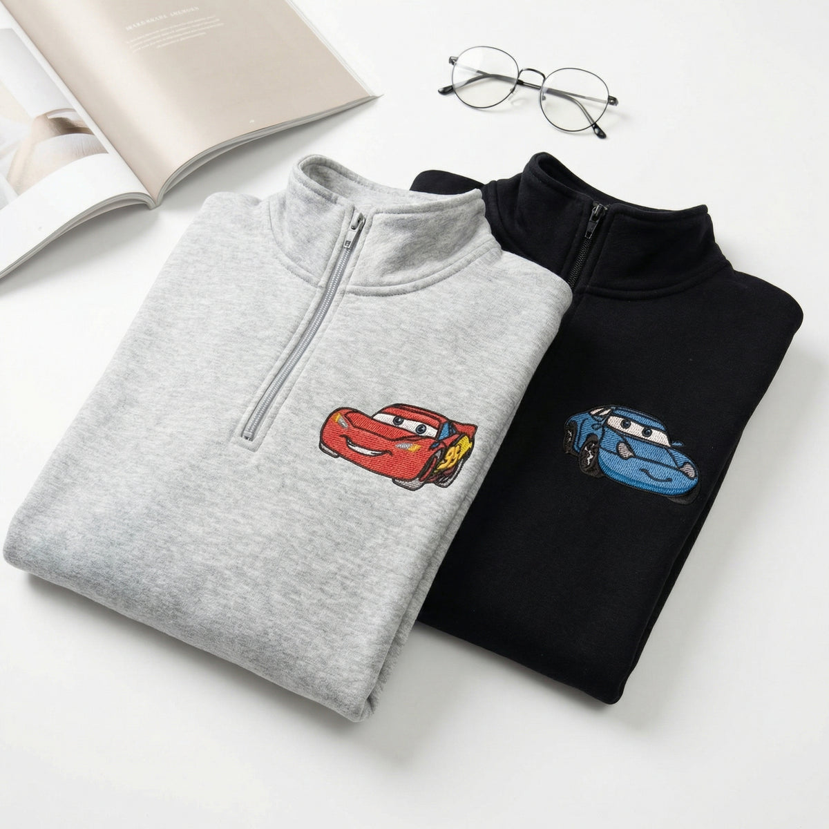 Custom Embroidered Quarter Zip Sweatshirts for Couples - Racing Car Lovers Matching Full-Zip Hoodie