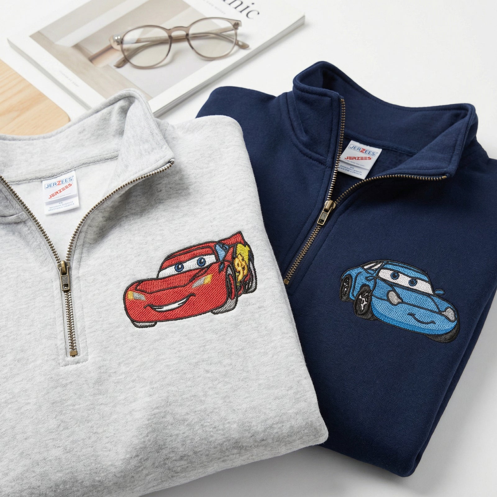 Custom Embroidered Quarter Zip Sweatshirts for Couples - Racing Car Lovers Matching Full-Zip Hoodie