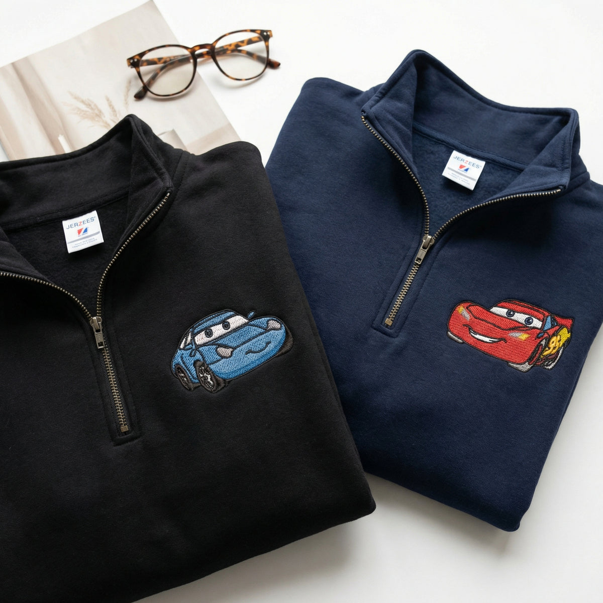 Custom Embroidered Quarter Zip Sweatshirts for Couples - Racing Car Lovers Matching Full-Zip Hoodie