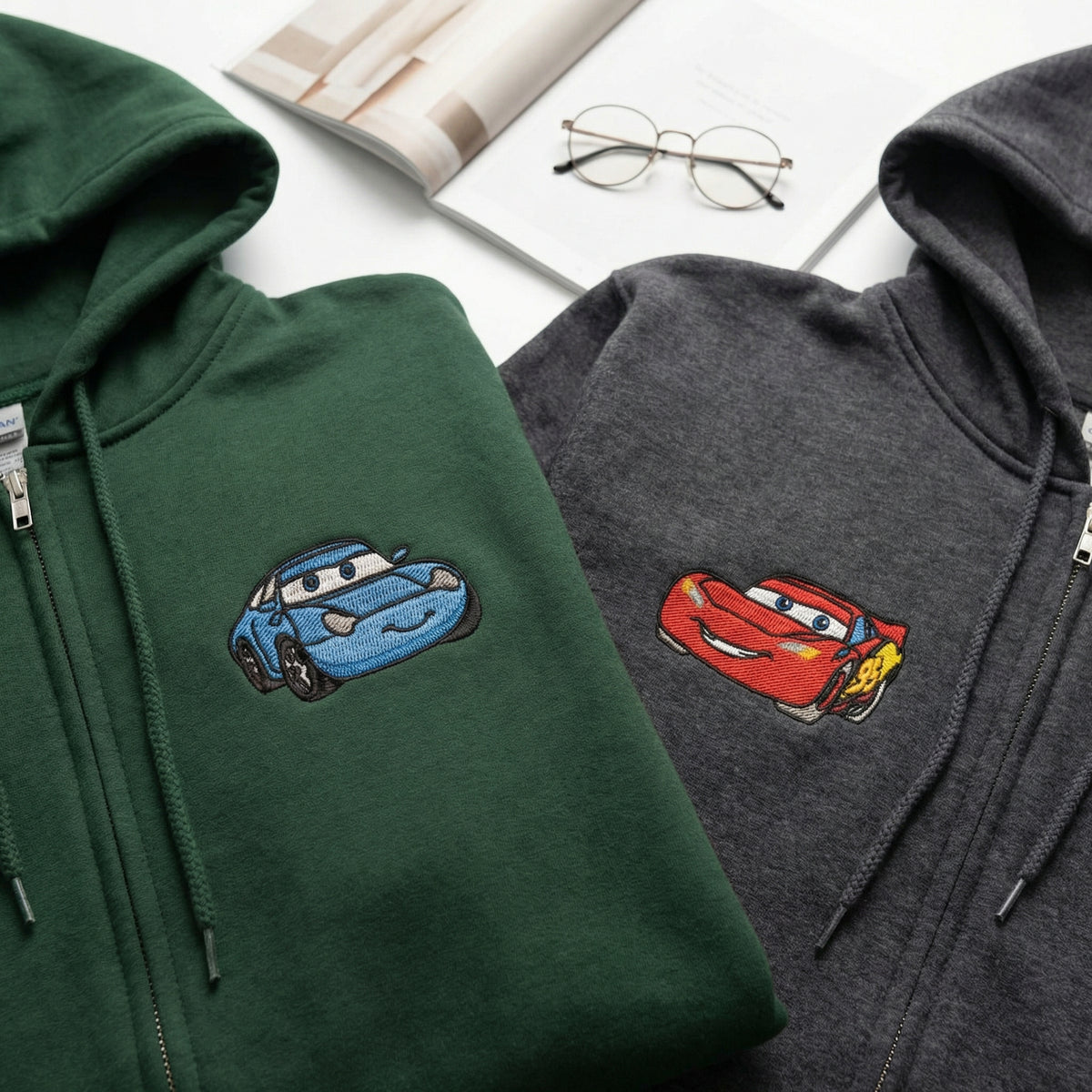 Custom Embroidered Quarter Zip Sweatshirts for Couples - Racing Car Lovers Matching Full-Zip Hoodie