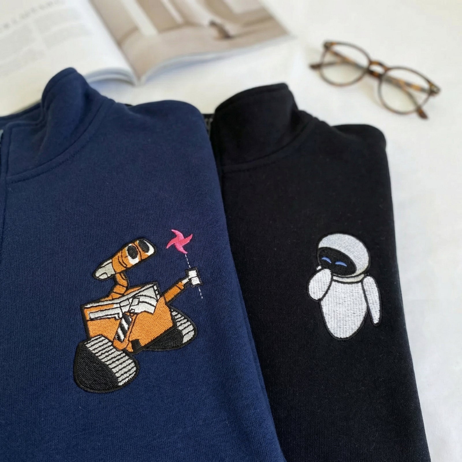 Custom Embroidered Quarter Zip Sweatshirts for Couples - Robot Love Matching Full-Zip Hoodie