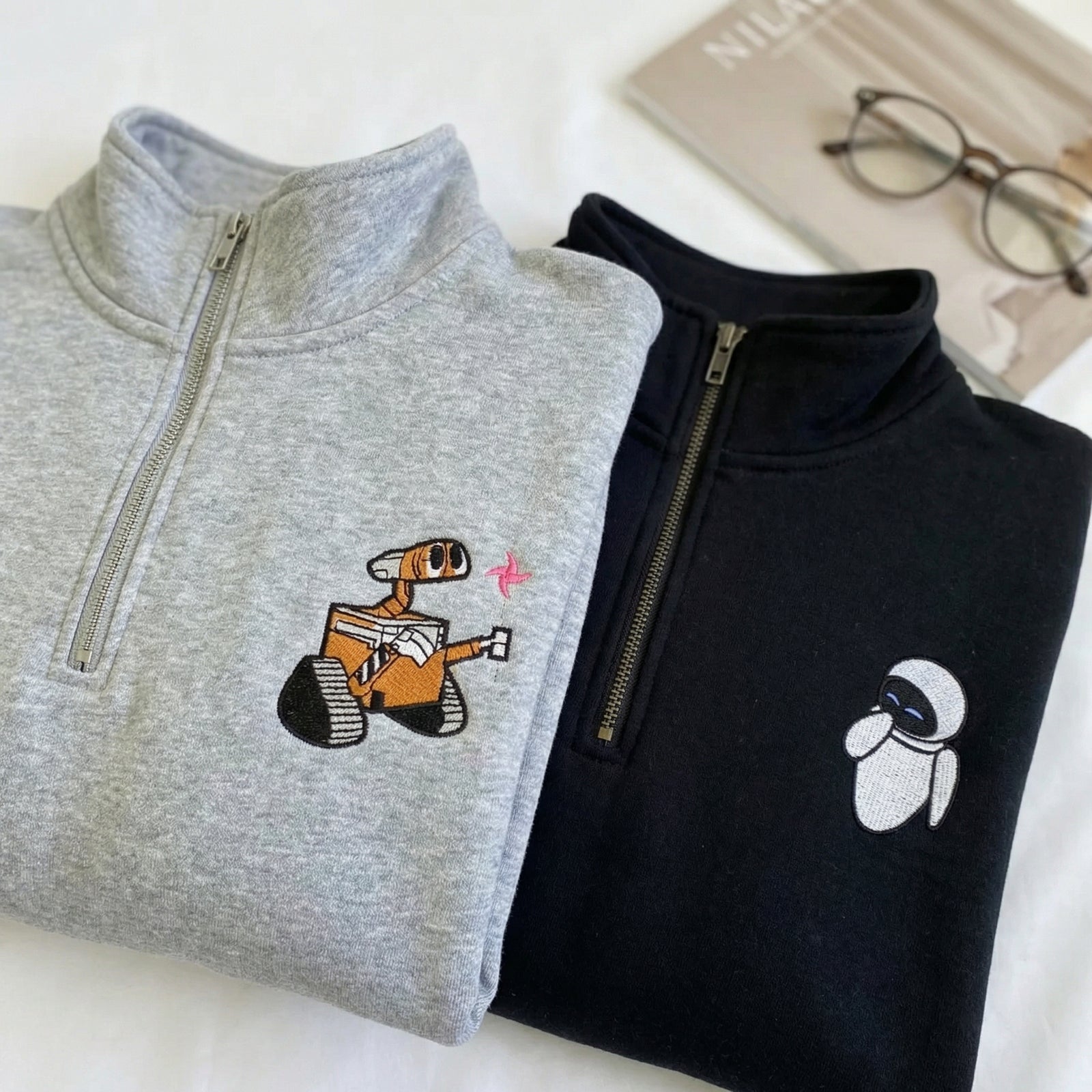 Custom Embroidered Quarter Zip Sweatshirts for Couples - Robot Love Matching Full-Zip Hoodie