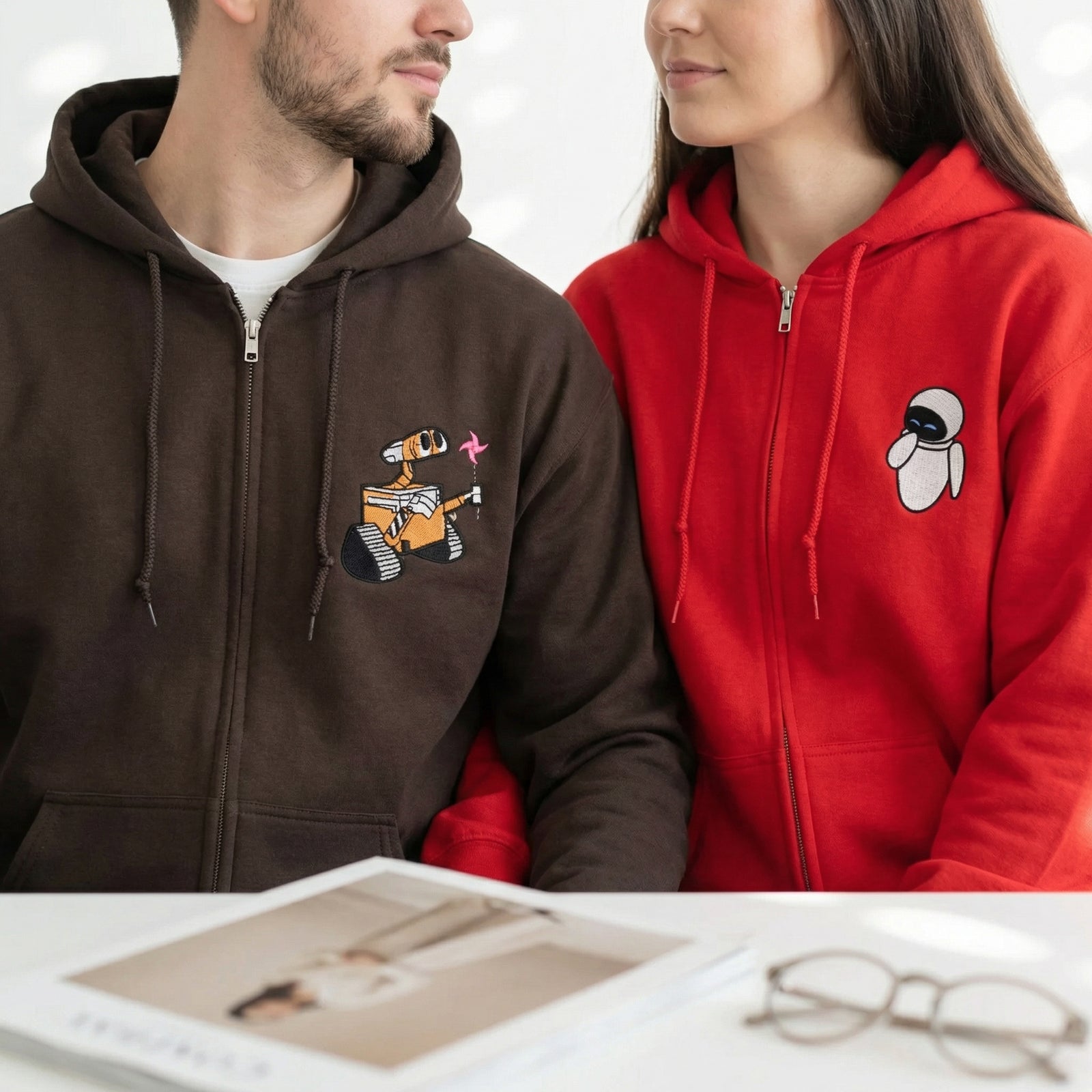 Custom Embroidered Quarter Zip Sweatshirts for Couples - Robot Love Matching Full-Zip Hoodie