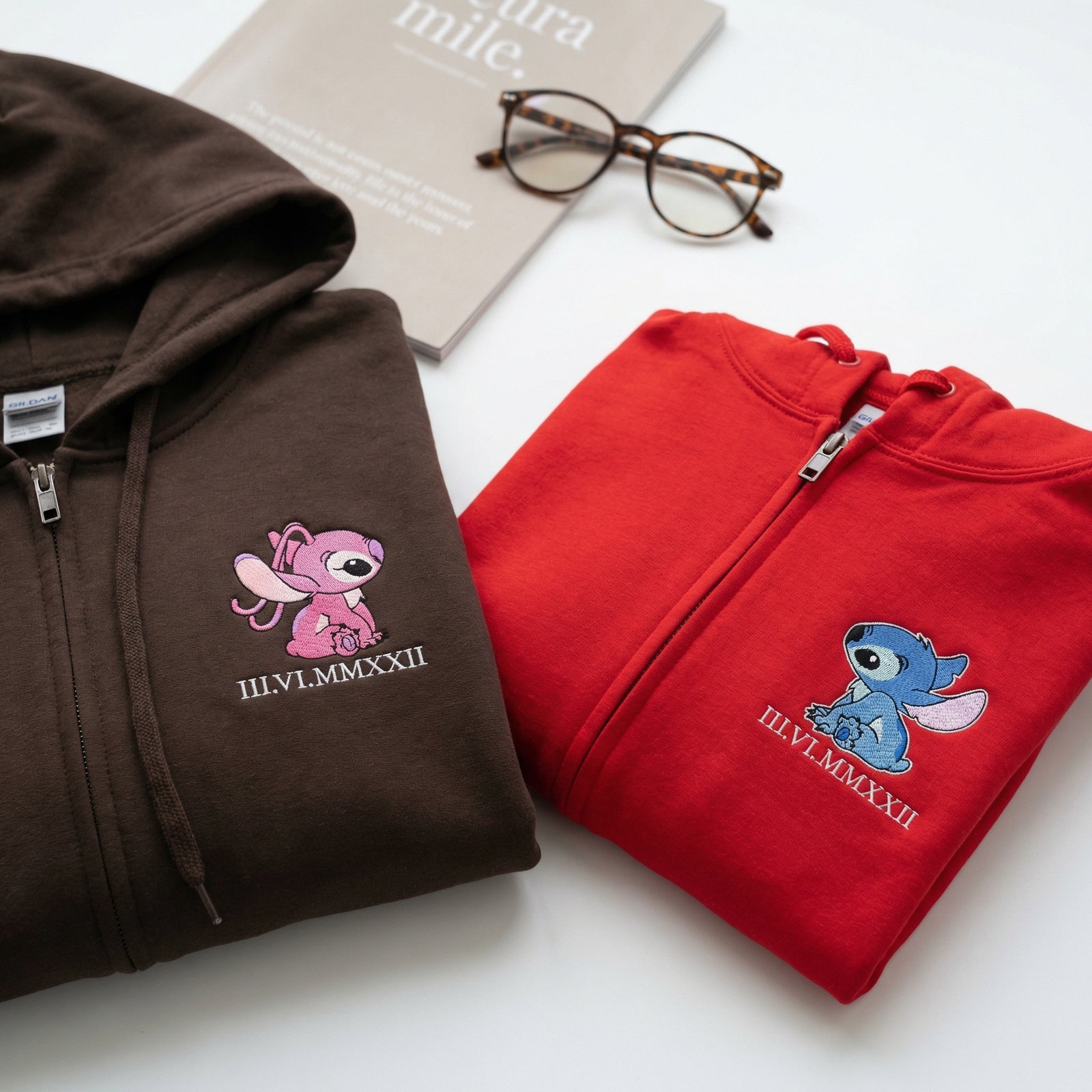 Custom Embroidered Quarter Zip Sweatshirts for Couples - Roman Numeral Date Alien Duo Matching Full-Zip Hoodie